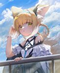  1girl :o animal_ears arknights belt belt_pouch blonde_hair blue_hairband blue_sky blush braid breasts chinese_commentary clouds cloudy_sky cowboy_shot day earpiece eyebrows_visible_through_hair fox_ears fox_girl fox_tail frills hair_rings hairband highres infection_monitor_(arknights) looking_at_viewer looking_to_the_side medium_hair multicolored_hair multiple_tails o-ring open_mouth oripathy_lesion_(arknights) outdoors pouch railing riri_kuri shirt sky small_breasts solo standing strap suzuran_(arknights) tail two-tone_hair utility_belt white_hair white_shirt wrist_cuffs yellow_eyes 