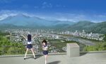  2girls arms_up black_hair blue_sailor_collar blue_skirt blue_sky bridge brown_hair budda_(pixiv2124) building city cityscape clouds commentary_request fence highres kneehighs medium_hair mountain multiple_girls neckerchief original red_neckerchief river rooftop sailor_collar scenery school_uniform serafuku shadow skirt sky tree white_legwear 