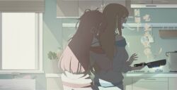  2girls bang_dream! bang_dream!_it's_mygo!!!!! blue_shirt blush bra_strap brh chihaya_anon chinese_commentary chinese_text closed_eyes commentary_request couple fire highres holding_pan hug hug_from_behind indoors kitchen long_hair long_sleeves messy_hair multiple_girls nagasaki_soyo open_mouth pajamas pink_hair shirt sidelocks strap_slip translation_request white_shirt window yuri 