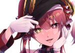  +_+ 1girl absurdres arrow_through_heart bicorne black_headwear blush collar commentary eyebrows_visible_through_hair face fangs frilled_collar frills gloves hair_between_eyes hair_ribbon hand_on_own_face hat head_tilt heterochromia highres hololive houshou_marine jacket long_hair long_sleeves looking_at_viewer open_mouth pirate_hat rainbow red_jacket red_ribbon redhead ribbon simple_background smile solo sparkling_eyes twintails uzaro5656 virtual_youtuber white_background white_gloves 