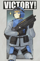  19vodnik 1girl absurdres ammunition_pouch artist_name assault_rifle belt black_gloves blonde_hair blue_eyes blush bulletproof_vest bullpup gloves goggles goggles_on_headwear gun helldivers_(series) helmet highres looking_at_viewer poster_(medium) pouch rifle salute seaf_soldier_(helldivers) skull smile smug solo sparkle super_earth_salute_(helldivers) trigger_discipline weapon 