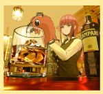  1girl 974839269 alcohol alternate_costume bartender beer black_necktie black_vest bottle breasts campari chainsaw chainsaw_man champagne champagne_bottle collared_shirt counter cup drinking_glass expressionless highres holding_shaker ice jack_daniel&#039;s long_sleeves looking_afar looking_down makima_(chainsaw_man) medium_breasts medium_hair necktie pochita_(chainsaw_man) redhead ringed_eyes shirt shot_glass sidelocks sparkling_eyes standing vest whiskey white_shirt wine_bottle 