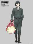  1boy belt black_footwear black_gloves black_hair boots bouquet copyright_name full_body gloves green_jacket green_pants grey_background hand_in_pocket highres holding holding_bouquet jacket key_visual looking_at_viewer male_focus military military_uniform official_art pants promotional_art red_eyes short_hair simple_background smile solo spy_x_family uniform yuri_briar 