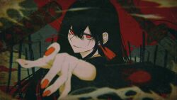  1girl bags_under_eyes black_hair bright_pupils earrings field_of_blades hair_between_eyes highres jewelry katana light_smile long_hair looking_at_viewer original reaching reaching_towards_viewer red_background red_eyes red_nails sword tassel tassel_earrings tsurime washiya0 weapon 