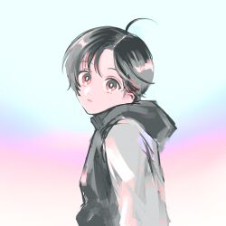  1girl ahoge black_hair expressionless from_side gradient_background highres hood hood_down hoodie looking_at_viewer original parted_bangs pixie_cut red_eyes sharp911 short_hair solo two-tone_hoodie 