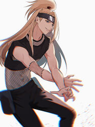  1boy belt_pouch black_pants black_shirt blonde_hair blue_eyes crop_top extra_mouth eyeliner fishnet_top fishnets grin high_ponytail highres long_hair looking_to_the_side makeup male_focus manatsuki_manata naruto naruto_(series) naruto_shippuuden pants parted_lips ponytail pouch shirt smile solo stitched_arm stitches white_background 