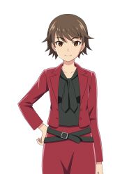  1girl belt belt_buckle black_belt black_shirt brown_eyes brown_hair buckle closed_mouth collarbone cowboy_shot crossed_belts formal_clothes higurashi_no_naku_koro_ni higurashi_no_naku_koro_ni_mei jacket long_sleeves minai_tomoe official_art open_clothes open_jacket pencil_skirt red_eyes red_skirt shirt short_hair simple_background skirt smile solo standing straight-on tachi-e transparent_background 