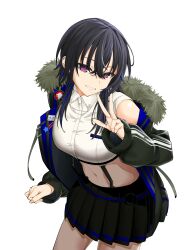  1girl absurdres black_hair black_skirt cowboy_shot crossed_bangs fur-trimmed_jacket fur_trim grin hair_between_eyes highres ichinose_uruha ichinose_uruha_(4th_costume) jacket lupinus_virtual_games midriff multicolored_hair navel open_clothes open_jacket pleated_skirt shirt simple_background single_bare_shoulder single_off_shoulder skirt smile solo streaked_hair uwanosora000 violet_eyes virtual_youtuber vspo! w white_background white_shirt wolf_cut 