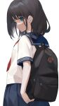  1girl backpack bag black_hair blue_eyes blue_sailor_collar blue_skirt eyebrows_visible_through_hair from_behind hachinatsu highres looking_at_viewer original sailor_collar school_uniform serafuku shirt short_hair short_sleeves simple_background skirt white_background white_shirt 