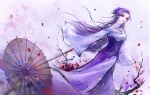  1girl absurdres branch corset dress hair_bun hair_tie highres long_hair long_sleeves looking_at_viewer purple_dress purple_hair qin_shi_ming_yue solo umbrella upper_body violet_eyes zi_nu_(qin_shi_ming_yue) zi_nu_zhuye_jun 