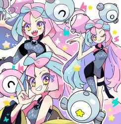  1girl :d ;) blue_hair bow-shaped_hair closed_mouth grey_pantyhose highres iono_(pokemon) long_hair looking_at_viewer multiple_views one_eye_closed open_mouth pantyhose pink_eyes pink_hair pokemon pokemon_sv sharp_teeth single_leg_pantyhose smile teeth thigh_strap twintails very_long_hair w yoshishi_(yosisitoho) 