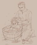 1girl 1man artemy_burakh barefoot bathing belt belt_buckle bubble family father father_and_daughter greyscale haruspex magicky-hands murky_(pathologic) pathologic pathologic_2 rolled_sleeves rubber_duck soap termites washing_hair wet wet_clothes