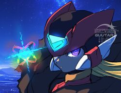  1boy blonde_hair blurry blurry_background close-up cyber_elf_(mega_man) cyber_elf_x_(mega_man) forehead_jewel guutara helmet highres long_hair mega_man_(series) mega_man_zero_(series) night outdoors red_helmet ringed_eyes star_(sky) violet_eyes x_(mega_man) zero(z)_(mega_man) zero_(mega_man) 
