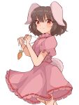  1girl :3 absurdres animal_ears brown_hair carrot_necklace closed_mouth dress floppy_ears frilled_sleeves frills highres inaba_tewi looking_at_viewer mugi_(mugimugi_9kv) pink_dress puffy_short_sleeves puffy_sleeves rabbit_ears rabbit_girl rabbit_tail red_eyes ribbon-trimmed_dress short_hair short_sleeves solo tail touhou upper_body 