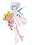  1girl absurdres alternate_costume bangs blue_eyes blue_hair bow breasts cirno closed_mouth commentary_request dress flower flower_ornament hair_bow highres holding holding_flower ice looking_at_viewer petals sandals shocho_(shaojiujiu) short_hair shoulder_strap small_breasts solo sunflower touhou white_background white_bow white_dress wings 