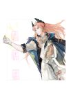  2boys arknights black_cape blue_eyes cape coat dual_persona gloves head_wings highres hood long_hair male_focus multiple_boys orange_hair passenger_(arknights) pipidan short_sleeves white_background white_coat white_gloves 