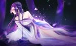  1girl bare_legs bare_shoulders bug butterfly dark_background hair_ornament hairpin highres leaning_to_the_side looking_to_the_side purple_hair qin_shi_ming_yue solo sparkle streamers upper_body zi_nu_(qin_shi_ming_yue) zi_nu_zhuye_jun 