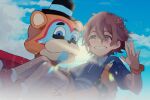  2boys animal_ears animal_robot bear_ears blue_shirt blurry bracelet brown_hair carrying depth_of_field five_nights_at_freddy&#039;s five_nights_at_freddy&#039;s:_security_breach freddy_fazbear glamrock_freddy gregory_(fnaf) hat jewelry m_xsps mini_hat mini_top_hat multiple_boys shirt short_hair shorts smile spiked_bracelet spikes top_hat watch watch waving yellow_eyes 