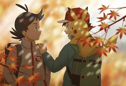  2boys antenna_hair ash_ketchum autumn_leaves backpack bag bangs black_hair blue_eyes blurry brown_eyes commentary_request eye_contact eyelashes goh_(pokemon) green_bag grey_jacket hand_on_another&#039;s_shoulder hat jacket long_sleeves looking_at_another male_focus minato_(mntnm) multiple_boys open_mouth pikachu pokemon pokemon_(anime) pokemon_(creature) pokemon_journeys pokemon_on_back red_headwear short_hair smile strap 