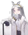  1girl :o animal_ears arknights belt black_gloves blush chiake_draw coat commentary forehead gloves grey_hair hairband hand_on_shield heavyrain_(arknights) horse_ears looking_at_viewer open_mouth shield shirt simple_background solo teeth upper_body upper_teeth utility_belt violet_eyes white_background white_coat white_shirt yellow_hairband 