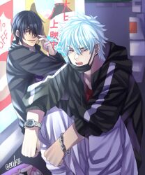  2boys :d alternate_costume black_hair black_jacket black_mask chain cigarette commentary commentary_request ear_piercing eyepatch feet_out_of_frame gintama grey_pants hair_between_eyes hair_over_one_eye highres holding holding_cigarette hood hood_down hooded_jacket jacket knees_up long_sleeves looking_at_viewer male_focus mask mask_pull mouth_mask multiple_boys open_clothes open_jacket open_mouth oukasakata pants piercing red_eyes red_shirt sakata_gintoki shirt signature sitting smile squatting takasugi_shinsuke teeth track_jacket v-shaped_eyebrows watch watch white_hair white_pants 
