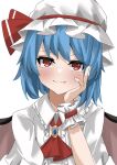  1girl ascot bat_wings black_wings blue_hair blush brooch closed_mouth commentary_request fang hand_on_own_face hat hat_ribbon highres jewelry mob_cap puffy_short_sleeves puffy_sleeves ramiki red_ascot red_eyes red_ribbon remilia_scarlet ribbon shirt short_hair short_sleeves simple_background smile touhou upper_body vampire white_background white_headwear white_shirt wings wrist_cuffs 