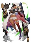  1girl absurdres animal_hat bandaged_arm bandaged_leg bandages barefoot blonde_hair cape cat_hat clover crop_top dark-skinned_female dark_skin dual_wielding expressionless floating floating_object floating_sword floating_weapon four-leaf_clover full_body guilty_gear guilty_gear_strive hankuri hat highres holding huge_weapon lucifero medium_hair navel orange_eyes peaked_cap ramlethal_valentine ringed_eyes short_shorts shorts solo sword toenails toes weapon white_cape white_headwear white_shorts 