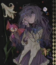  1girl akemi_homura akemi_homura_(magical_girl) bananpam black_background black_hair charlotte_(madoka_magica) familiar_(madoka_magica) flower highres magical_girl mahou_shoujo_madoka_magica solo violet_eyes white_flower witch 