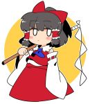  1girl ascot bare_shoulders black_hair blue_ascot bow detached_sleeves gohei hair_bow hair_tubes hakurei_reimu ini_(inunabe00) japanese_clothes nontraditional_miko red_bow red_skirt red_vest ribbon-trimmed_sleeves ribbon_trim short_hair sidelocks skirt solo touhou upper_body vest wide_sleeves 