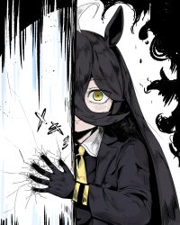  1girl abeyaki ahoge animal_ears black_coat black_gloves black_hair black_shirt blush closed_mouth coat collared_shirt crack cracked_wall gloves hair_between_eyes highres horror_(theme) horse_ears horse_girl long_bangs long_hair long_hair_between_eyes looking_at_viewer manhattan_cafe_(umamusume) multicolored_hair necktie open_clothes open_coat shirt smile solo strong translation_request umamusume very_long_hair white_hair yellow_eyes yellow_necktie 