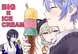  1boy 2girls animal_hat beret black_hair black_hat blonde_hair blush cat_hat closed_eyes crossed_bangs earrings facial_mark food food_on_face fur-trimmed_jacket fur_trim hair_between_eyes hat holding holding_food holding_ice_cream ice_cream ice_cream_cone ichinose_uruha ichinose_uruha_(4th_costume) jacket jewelry komori_met komori_met_(5th_costume) multiple_girls neo-porte open_mouth pink_eyes purple_hair shirayuki_reid shirt simple_background single_off_shoulder sleeveless sleeveless_shirt sweater tongue tongue_out utensil_in_mouth uwanosora000 violet_eyes virtual_youtuber vspo! white_background white_shirt 