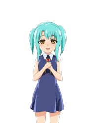  1girl aqua_hair asymmetrical_bangs blue_dress brown_eyes collared_dress cowboy_shot dress hands_on_own_chest higurashi_no_naku_koro_ni higurashi_no_naku_koro_ni_mei official_art open_mouth own_hands_together sidelocks simple_background sleeveless sleeveless_dress smile solo standing straight-on tachi-e transparent_background two_side_up une_(higurashi_no_naku_koro_ni) 