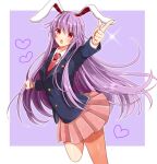  1girl :o animal_ears blazer blush crescent finger_gun foreshortening heart jacket long_hair long_sleeves looking_at_viewer necktie okawa_friend open_mouth pleated_skirt pointing purple_hair rabbit_ears red_eyes reisen_udongein_inaba shirt simple_background skirt solo sparkle touhou very_long_hair 