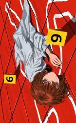  1girl absurdres aqua_eyes brown_hair chalk_outline coat crime_scene evidence_markers haibara_ai highres lab_coat looking_to_the_side lying meitantei_conan on_stomach oversized_clothes segami short_hair sideways solo white_coat 