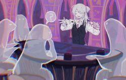  1boy 4others ? black_vest card casino casino_card_table closed_eyes confused cyberseaurchin ghost highres indoors looking_at_another multiple_others necktie open_mouth original playing_card ponytail purple_necktie shirt sidelocks smile speech_bubble table vest white_hair white_shirt 