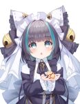  1girl azur_lane bangs bell bird black_hair blue_eyes blunt_bangs carrying chick commentary_request eyebrows_visible_through_hair frilled_sleeves frills fuka_kurotsuji hair_bell hair_ornament highres little_cheshire_(azur_lane) long_sleeves looking_at_viewer maid maid_headdress manjuu_(azur_lane) multicolored_hair short_hair sidelocks simple_background solo streaked_hair two-tone_hair white_background 