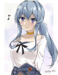  1girl arms_behind_back blue_eyes blue_hair choker eighth_note gakky gotland_(kancolle) kantai_collection long_hair looking_at_viewer low_ponytail mole mole_under_eye musical_note official_alternate_costume one-hour_drawing_challenge shirt solo upper_body white_shirt 