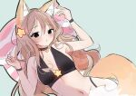  1girl animal_ear_fluff animal_ears annytf anyuu armpits arms_up bikini black_bikini breasts brown_eyes brown_hair choker fox_ears fox_girl fox_tail hair_ornament indie_virtual_youtuber long_hair lying navel on_back pillow sketch solo star_(symbol) star_hair_ornament swimsuit tail virtual_youtuber 