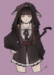  1girl black_hair black_jacket black_ribbon blunt_bangs character_hood closed_mouth cropped_legs dress fake_tail film_grain grey_eyes hand_on_own_hip hood hooded_jacket jacket long_hair long_sleeves looking_at_viewer mim_(mimya0600) neck_ribbon nyantan plaid_clothes plaid_dress purple_background ribbon sakurane_shoka shin_subarashiki_kono_sekai simple_background sleeve_cuffs solo subarashiki_kono_sekai tail very_long_hair white_dress 