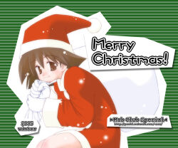  1girl 2000s_(style) 2005 bad_id blush brown_eyes brown_hair christmas closed_mouth cowboy_shot dress gloves green_background hat holding holding_sack looking_at_viewer merry_christmas morizono_teruhiko original pom_pom_(clothes) red_dress red_hat sack santa_costume smile solo striped_background white_gloves 
