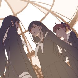  3girls 55bata6rou behind_another black_hair black_serafuku black_shirt black_skirt brown_hair character_request confrontation cowboy_shot dome eye_contact face-to-face flower from_below fukuzawa_yumi highres indoors long_hair long_sleeves looking_at_another maria-sama_ga_miteru multiple_girls neckerchief ogasawara_sachiko pleated_skirt rose sailor_collar school_uniform serafuku shielding shirt short_hair skirt standing twintails white_neckerchief white_sailor_collar wide-eyed worried 