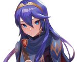  1girl absurdres artist_request bangs blue_eyes blue_hair blush cape fire_emblem fire_emblem_awakening hair_between_eyes highres long_hair looking_at_viewer lucina_(fire_emblem) simple_background solo tiara white_background 