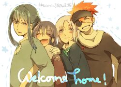  1girl 3boys allen_walker black_eyes black_hair black_headband black_shirt blue_stripes blue_sweater blush bob_cut brown_shirt closed_eyes closed_mouth collared_shirt d.gray-man earrings english_text eyepatch facial_mark facing_viewer frown gloves green_eyes green_ribbon green_shirt grin hair_between_eyes hair_over_one_eye hand_on_another's_shoulder headband hoop_earrings hug hug_from_behind jewelry kanda_yuu lavi lenalee_lee long_hair long_sleeves looking_at_another looking_at_viewer low_ponytail mizuto_(o96ap) multiple_boys one_eye_covered open_mouth orange_hair parted_lips ponytail purple_hair red_stripes ribbon scar scar_across_eye scar_on_face scarf shirt short_hair short_sleeves sidelocks smile spiky_hair star_(symbol) star_facial_mark striped_background striped_clothes striped_shirt sweater two-tone_shirt white_background white_gloves white_hair white_scarf white_shirt yellow_stripes 