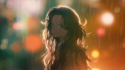  1girl absurdres backlighting black_hair blurry blurry_background bokeh brown_jacket candy closed_mouth collared_shirt commentary depth_of_field earrings food from_side grey_eyes highres jacket jewelry light_smile lollipop long_hair looking_at_viewer looking_to_the_side mole mole_under_eye mouth_hold original outdoors parted_bangs rain shirt sideways_glance solo upper_body wang-xi wavy_hair white_shirt 