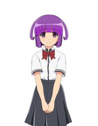  1girl blunt_ends bow bowtie closed_mouth collared_shirt cowboy_shot furude_ayaka grey_skirt higurashi_no_naku_koro_ni higurashi_no_naku_koro_ni_mei medium_skirt mole mole_under_mouth official_art own_hands_together pleated_skirt purple_hair red_bow red_bowtie school_uniform shirt short_hair short_sleeves simple_background skirt smile solo standing straight-on tachi-e transparent_background v_arms violet_eyes white_shirt 