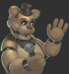  1boy absurdres animal_ears animal_robot bear_ears blue_eyes bow bowtie five_nights_at_freddy&#039;s five_nights_at_freddy&#039;s_1 freddy_fazbear hat highres holding holding_microphone microphone mini_hat mini_top_hat oyoso_goku robot solo top_hat 