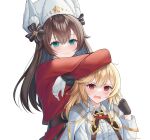  2girls absurdres animal_ear_fluff animal_ears black_gloves blonde_hair blue_eyes brown_hair clenched_hand coat english_commentary fake_animal_ears female_commander_(girls&#039;_frontline) fingerless_gloves frills fur_hat girls_frontline gloves griffin_&amp;_kryuger_military_uniform hat hat_removed headwear_removed highres jacket jacket_on_shoulders long_hair medium_hair multiple_girls nagant_revolver_(girls&#039;_frontline) red_coat red_eyes rynzfrancis shirt simple_background star_(symbol) upper_body ushanka v-shaped_eyebrows white_gloves white_jacket white_shirt 