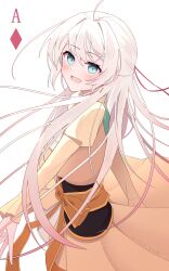  1girl absurdres ace_(playing_card) blue_eyes blush card chinese_commentary commentary_request dress floating_hair gradient_hair highres juliet_sleeves long_hair long_sleeves looking_at_viewer luliam_santamagia multicolored_hair muryoku_seijo_to_munou_oujo open_mouth pink_hair playing_card puffy_sleeves shiyan_ying simple_background smile solo white_background white_hair yellow_dress 