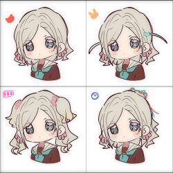  1girl aqua_neckerchief blue_ribbon blush borrowed_accessory borrowed_hairstyle brown_dress ceras_yanagida_lilienfeld closed_mouth col_person colored_eyelashes commentary dot_mouth dress flower grey_hair hair_flower hair_ornament hair_ribbon half_updo hasu_no_sora_school_uniform highres hinoshita_kaho link!_like!_love_live! love_live! medium_hair multiple_views murano_sayaka neckerchief osawa_rurino parted_bangs pink_flower pink_ribbon rabbit_hair_ornament red_ribbon ribbon sailor_collar sailor_dress school_uniform symbol-only_commentary twintails two_side_up virtual_youtuber white_sailor_collar winter_uniform 