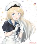  1girl blonde_hair blue_eyes blue_sailor_collar dress gloves hat highres jervis_(kancolle) kantai_collection looking_at_viewer one-hour_drawing_challenge sailor_collar sailor_dress sailor_hat solo tongue tongue_out tsukasa_(tukasa_br) twitter_username white_background white_dress white_gloves white_headwear 